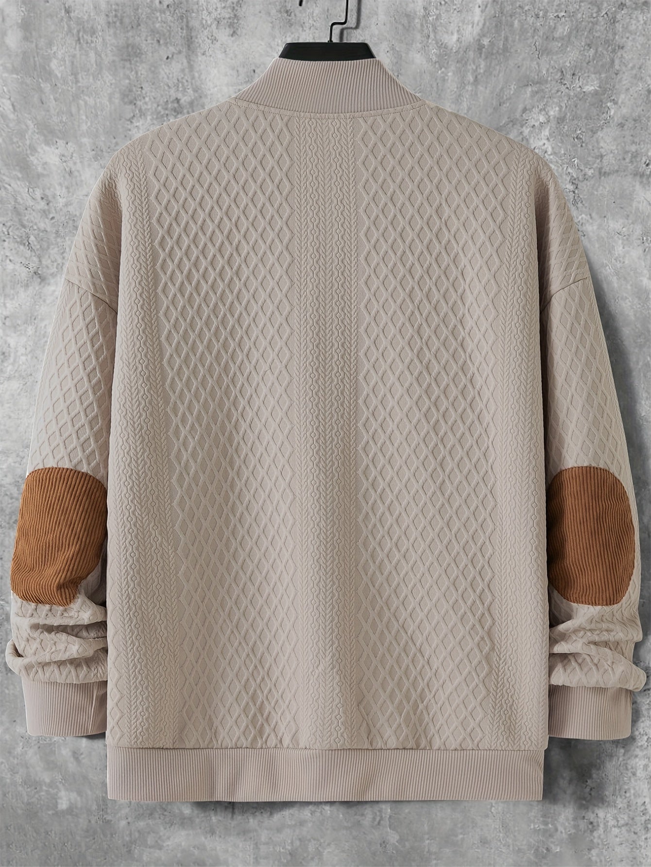 Men's plus size casual cardigan sweater in beige with geometric pattern, button-up front. Perfect for spring and fall. Lightweight and comfortable.