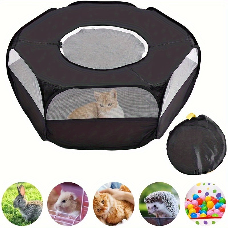 Portable foldable pet playpen made with durable PE material and cover, suitable for small animals.