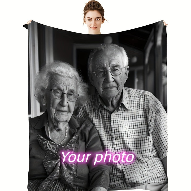 A one-of-a-kind photo blanket, custom-made for loved ones and special occasions such as family gatherings, birthdays, weddings, Halloween, and Christmas.