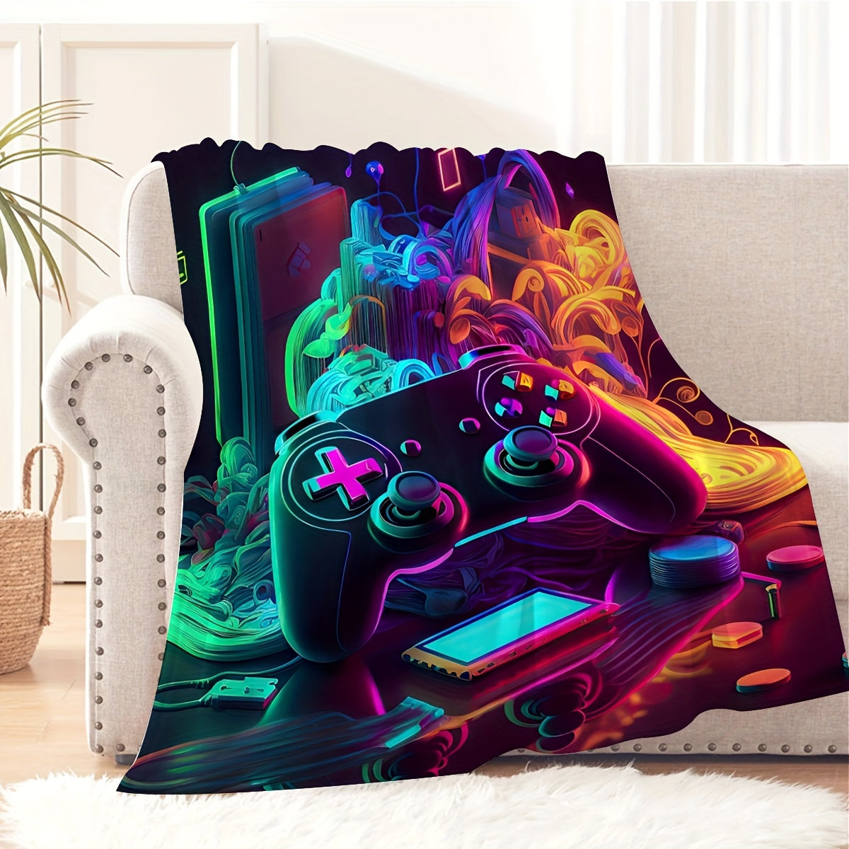 Stay warm and stylish with our 1pc Cool Gamepad Flannel Printed Blanket. This contemporary style blanket is soft and comfortable, perfect for use on travel, sofas, beds, offices, or as home decor. It also makes a great birthday gift for boys, girls, and