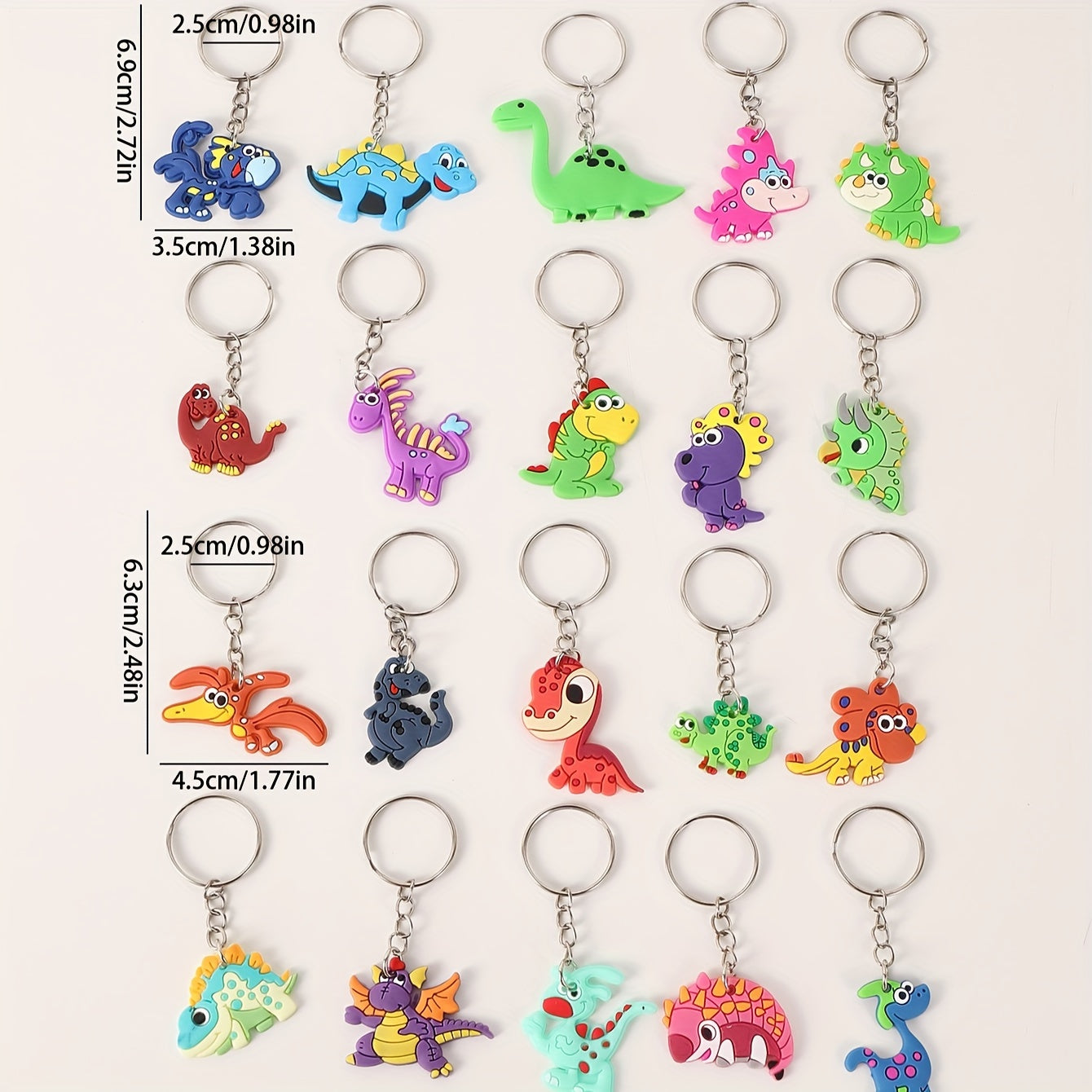 Set of 20 cartoon dinosaur keychains made of PVC, perfect for attaching to bags. These colorful dino keychains are great for both women and men to add a fun touch to their belongings.