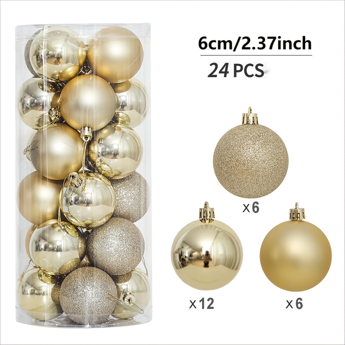 24 shatterproof Christmas tree ornaments in various sizes for festive decorations.