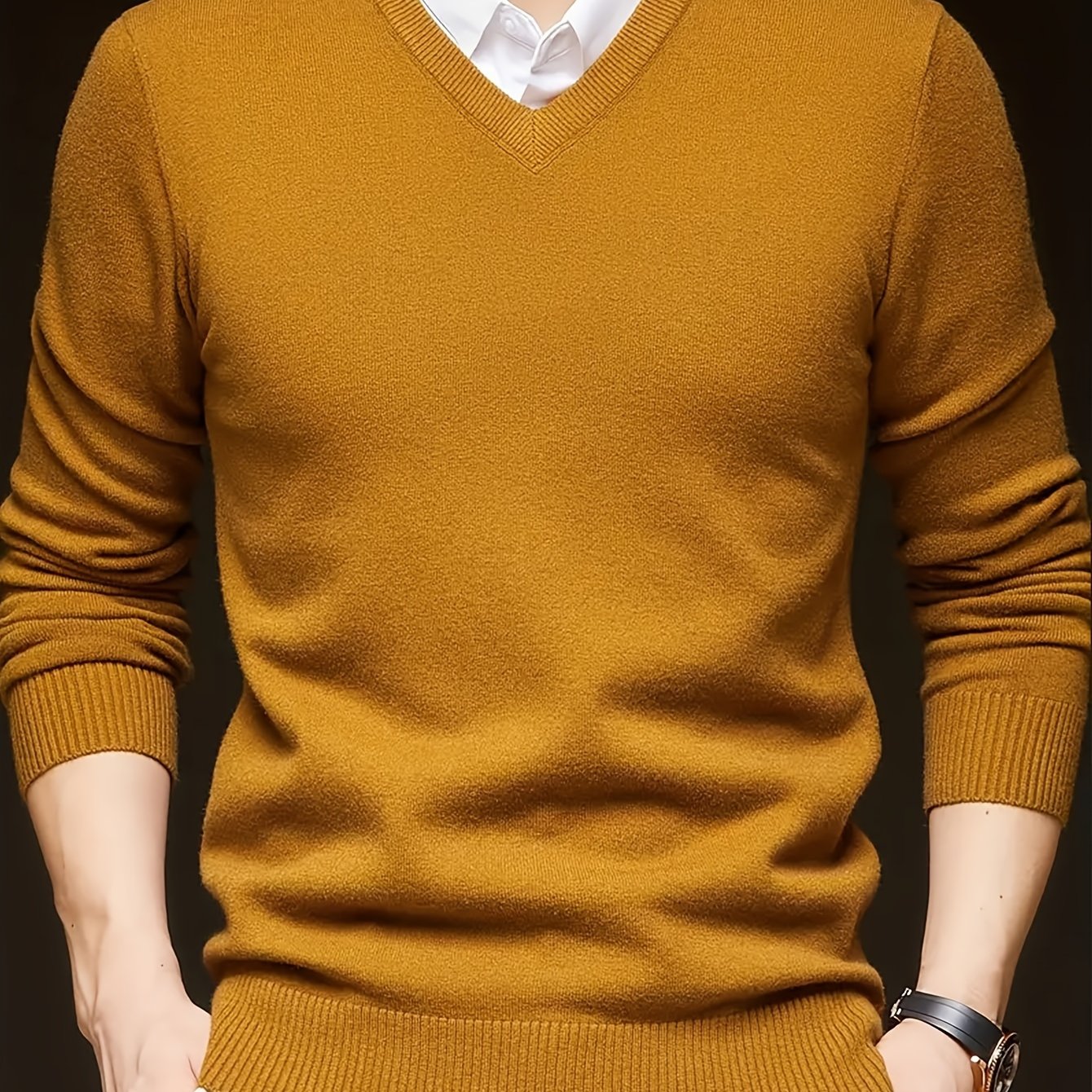 Solid color V-neck knit sweater for men, casual trendy long sleeve pullover, great as a gift.