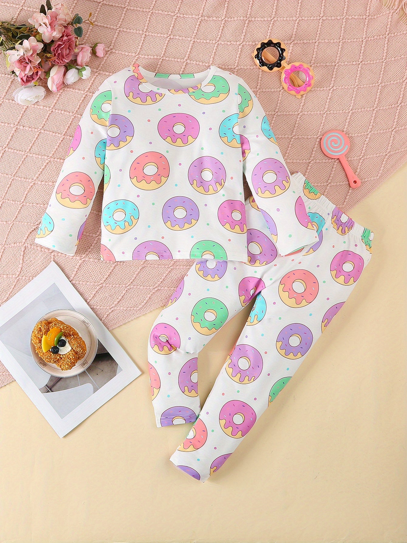 Girls' 4-piece pajama set with cute butterfly, girl, donut, and dinosaur patterns. Comfy for all seasons, made with stretchy polyester blend. Great daily gift.