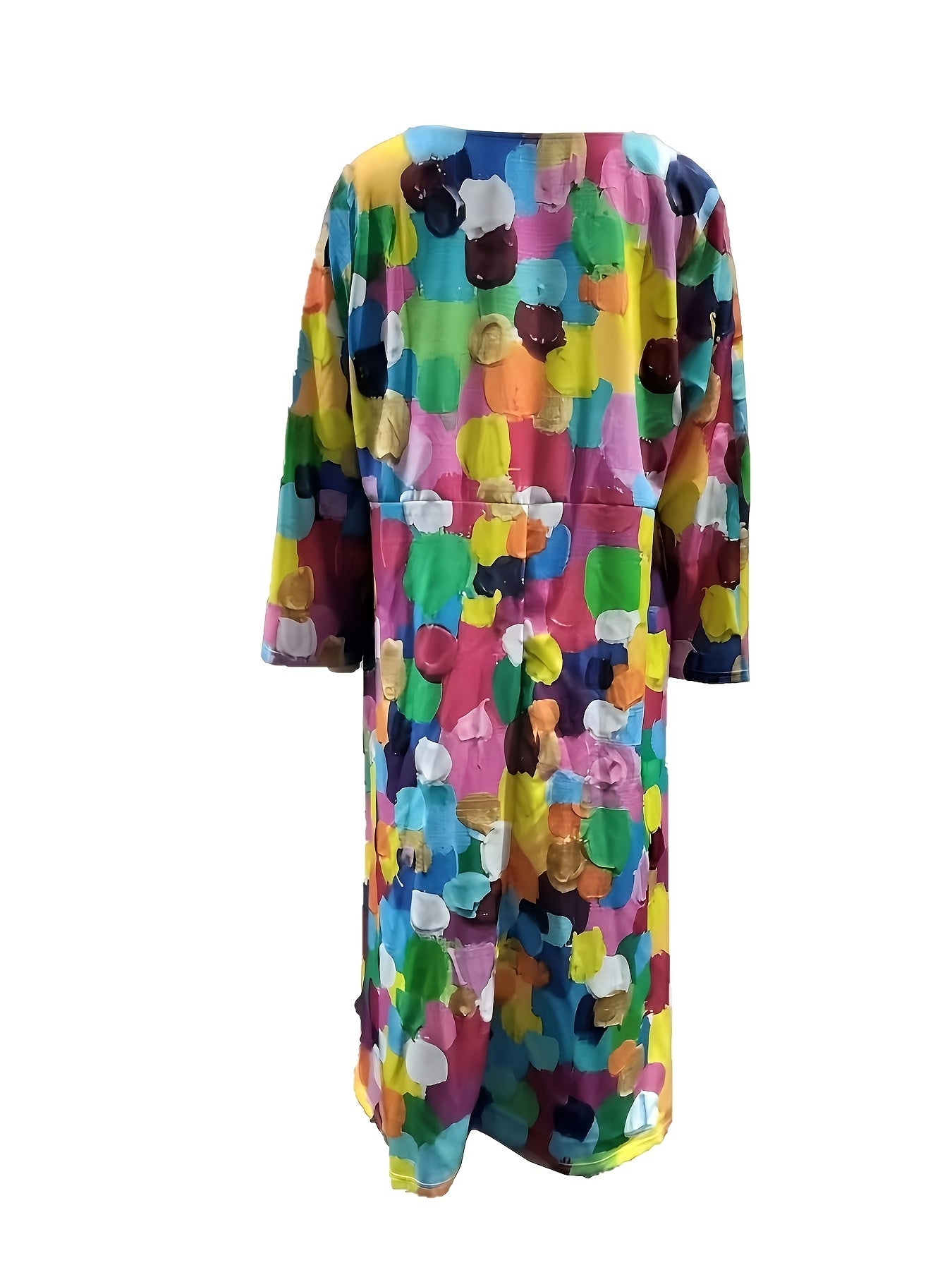 Vibrant Patchwork Print V-Neck Kaftan Dress for Women - Elegant Long Sleeve Maxi with Pockets for Party and Casual Wear