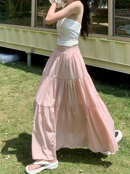 Women's elegant tiered A-line long skirt made of 100% polyester with lining, elastic high-waist, flared hem, loose fit, suitable for spring/summer/fall fashion.