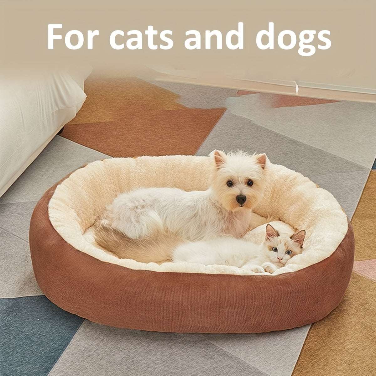 Cozy oval pet bed for small to medium dogs, plush polypropylene mat, non-assembled.