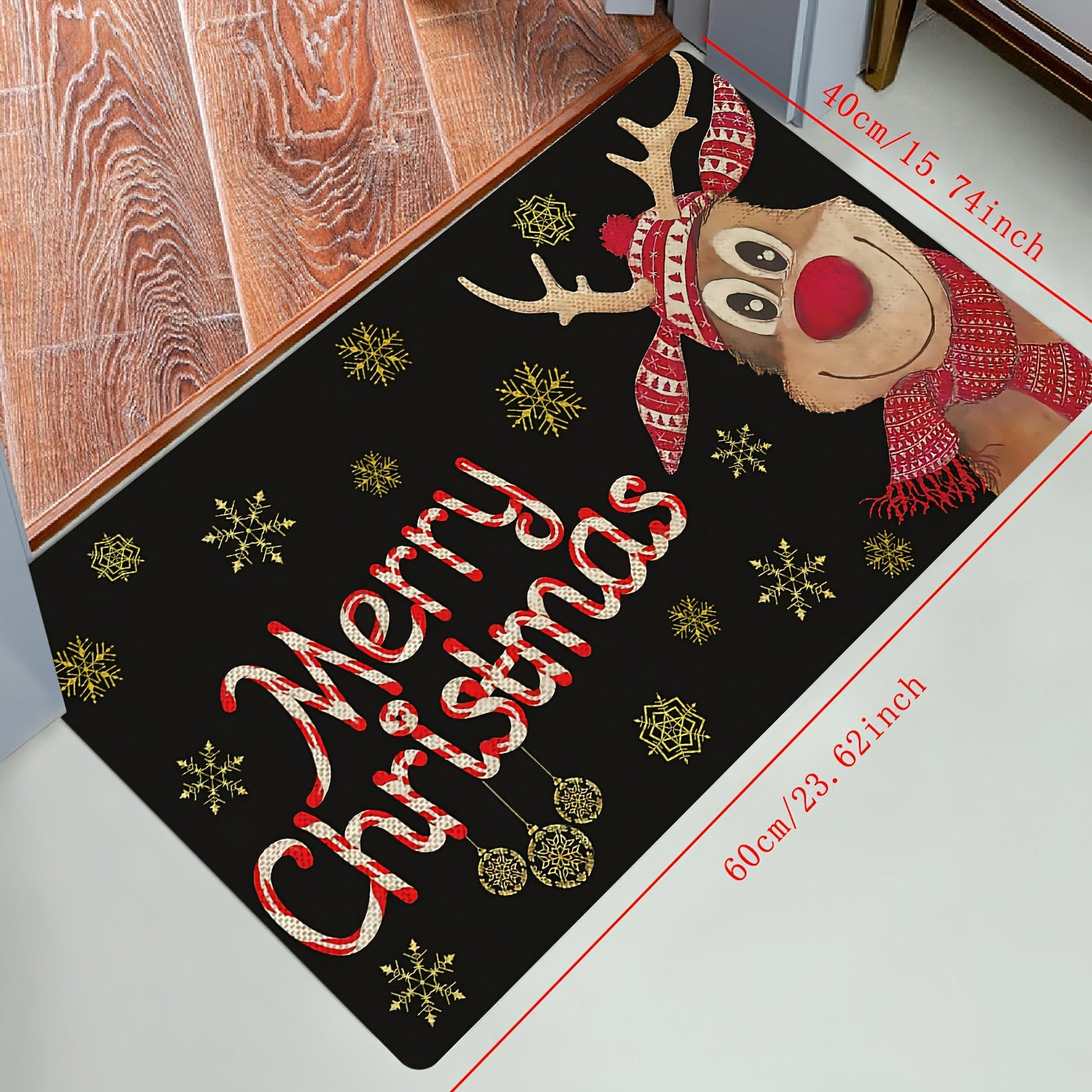 Reindeer-themed Merry Christmas Doormat, Durable Indoor/Outdoor Welcome Mat with Stain-Resistant Low Pile, Easy-to-Clean Machine Washable Polyester Material, Rectangle Shape for Holiday Entrance Decoration