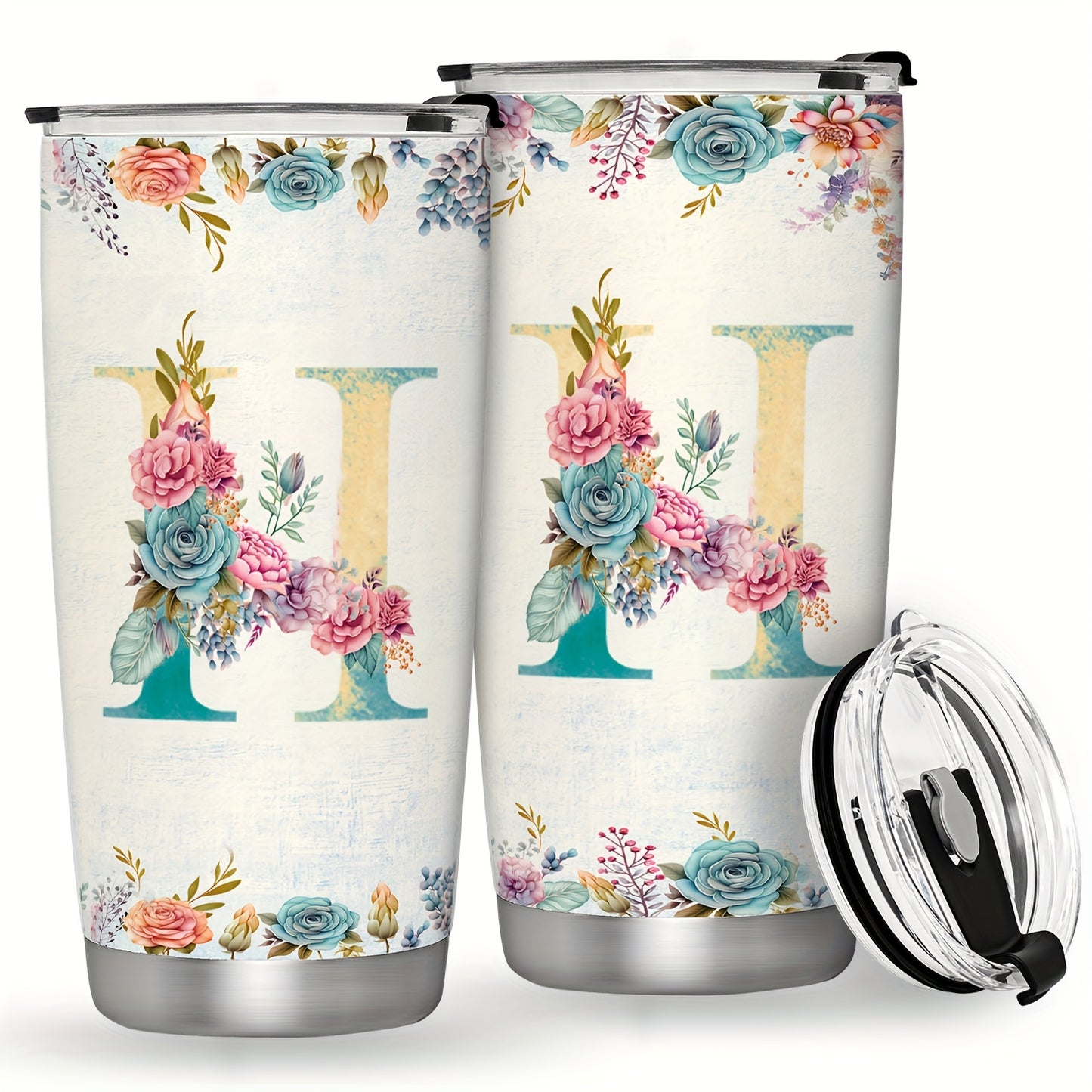 20oz Stainless Steel Tumbler with Initial Monogram, Floral Design, Leak Proof Lid, Perfect for Outdoor Activities, Great Gift for Holidays.