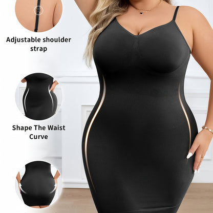 Plus size slip shapewear dress with built-in bra, adjustable straps, and seamless tummy control.