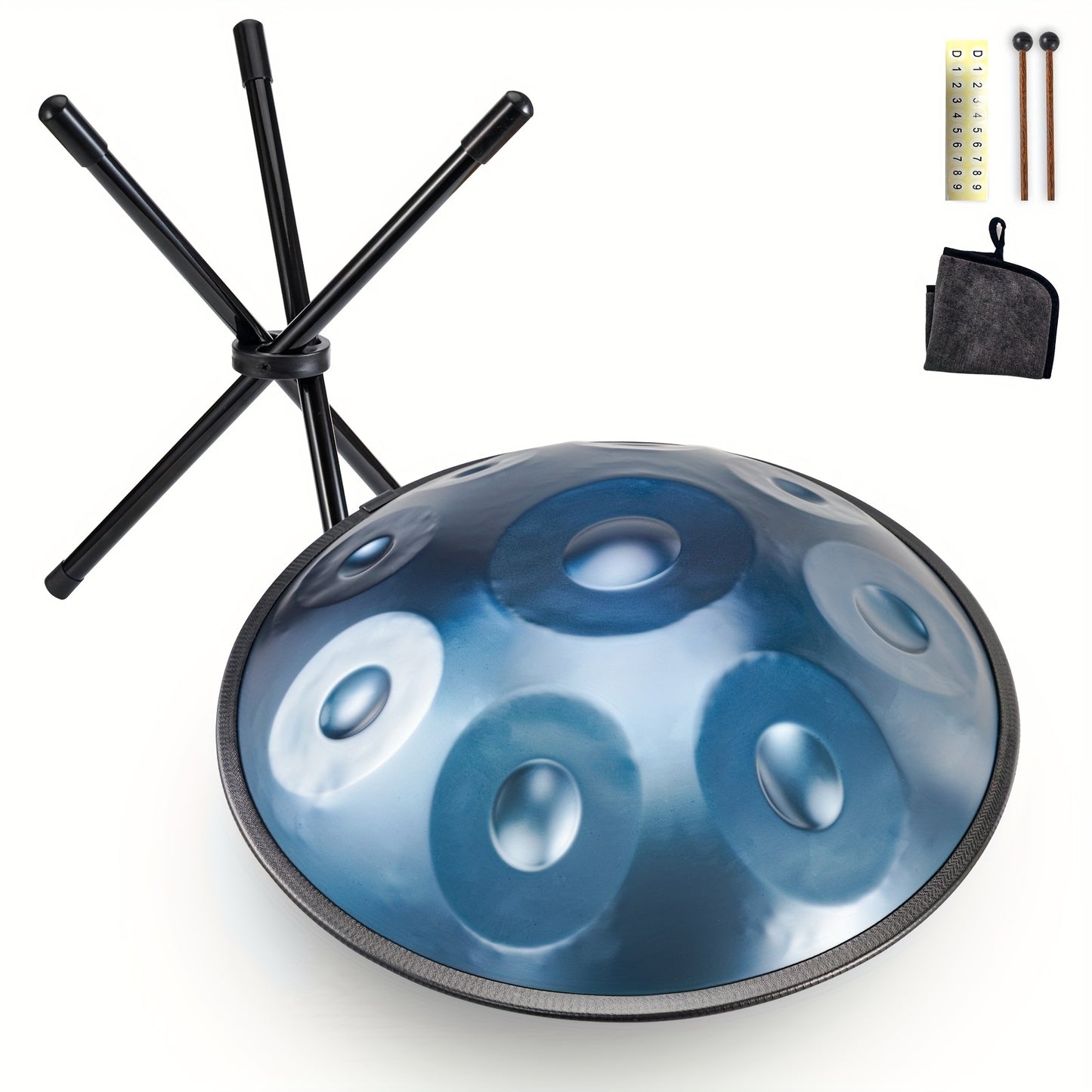 HANPLATE Handpan Drum in D Minor, includes carrying bag, mallets, holder, and wiping cloth for professional use or spiritual activities like healing, yoga, and meditation.