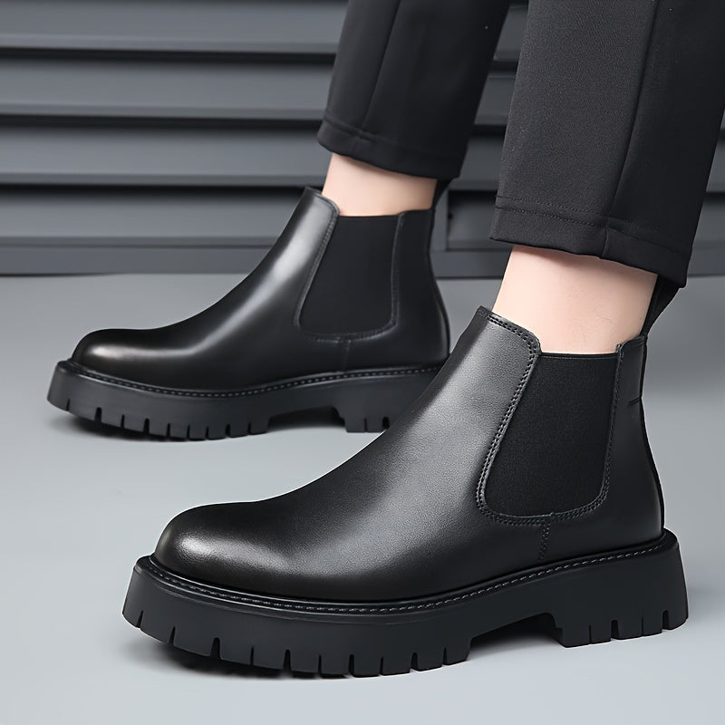 Men's Winter Boots - Fleece-Lined Slip-On Ankle Boots with Round Toe & Rubber Sole, Black Synthetic