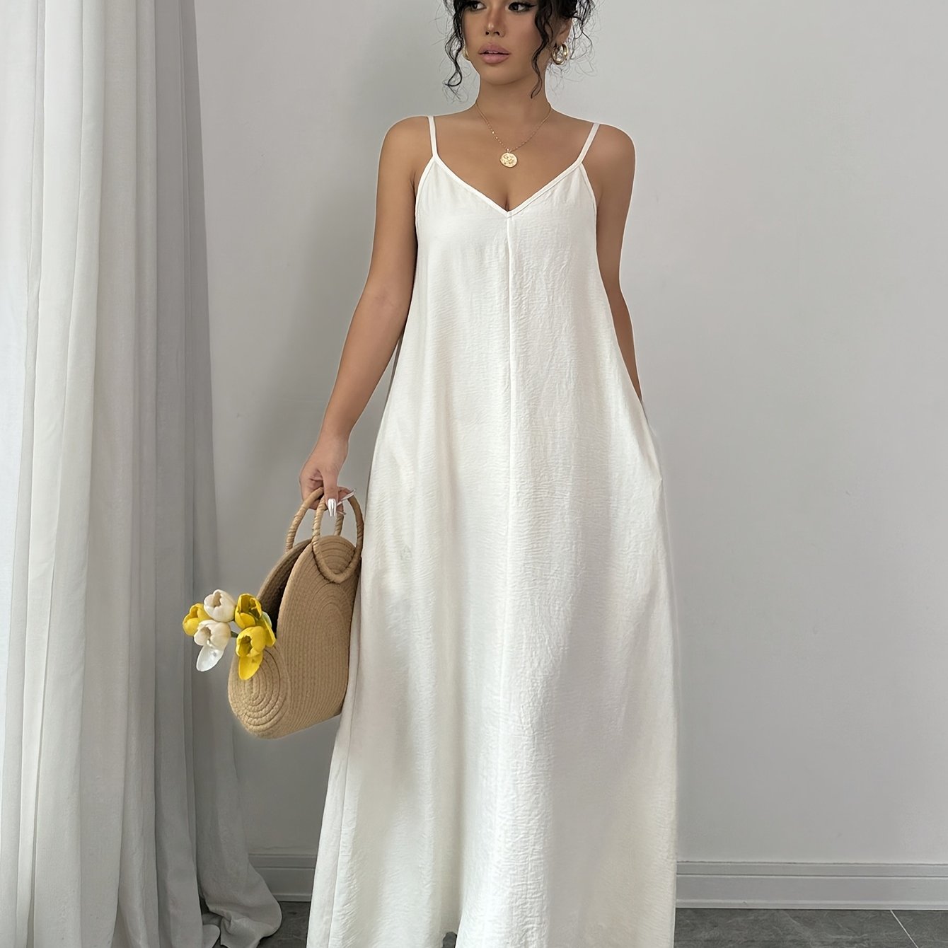 White V-Neck Maxi Dress, Solid Color Slip Dress.