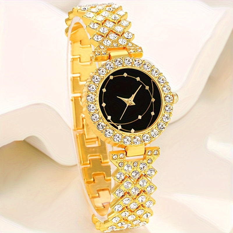 Elegant 6-piece women's wristwatch set features simple round alloy case with rhinestone accents and pointer display. Includes matching fashion accessories.