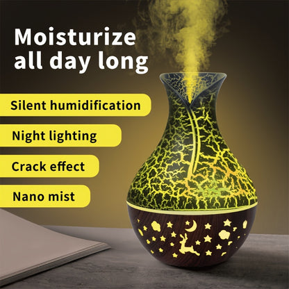 New 150ml vase-shaped air humidifier with hollow wood grain design, LED light, and small night light. USB-powered and automatic shut-off. Ideal for office, home, or bedroom.