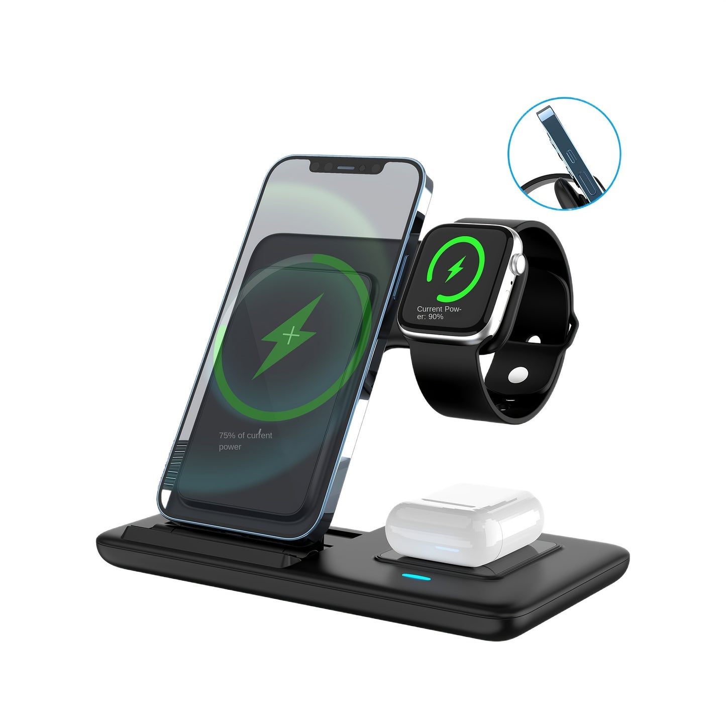 Folding 3-in-1 Wireless Charging Station for iPhone and Apple Watch, compatible with Airpods.