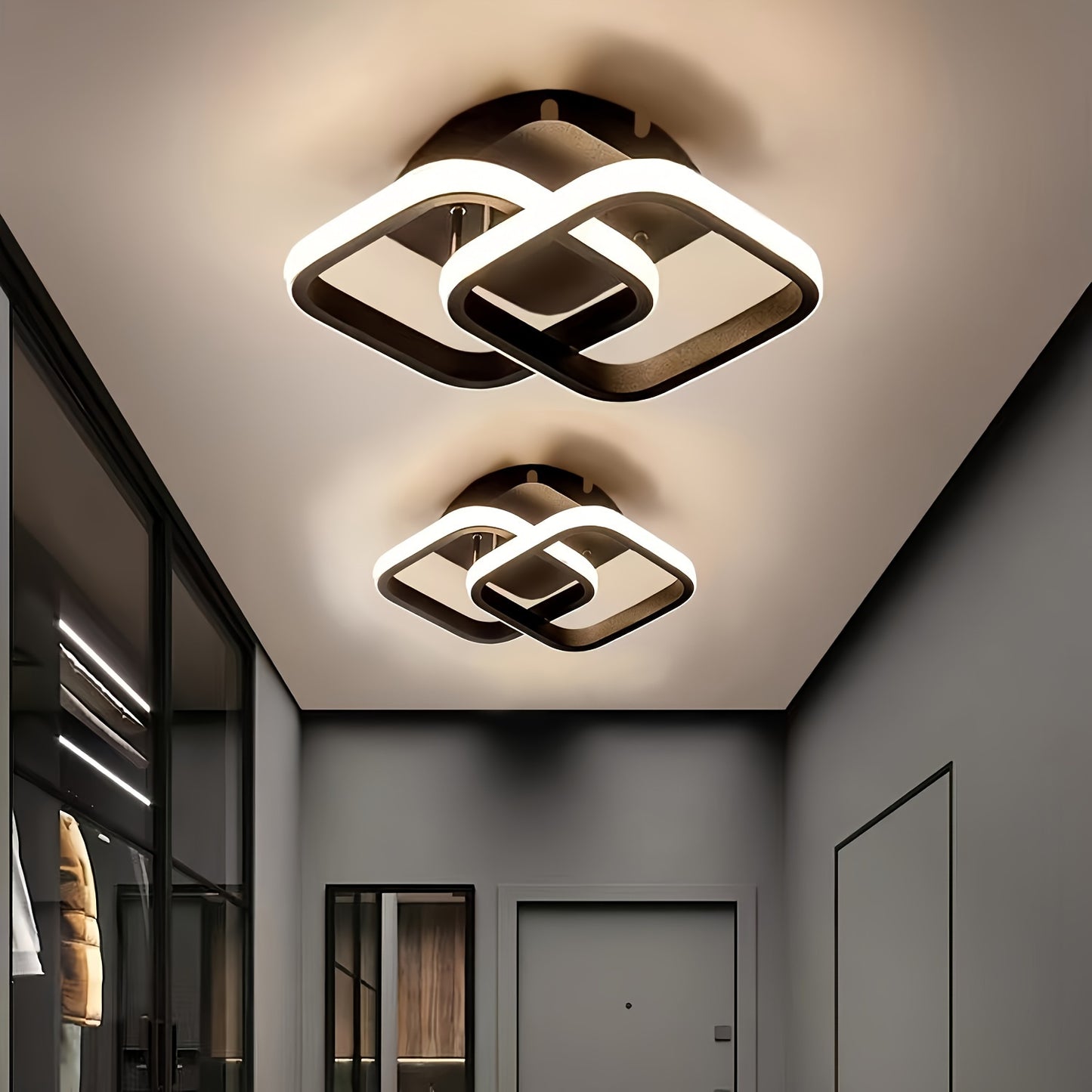 Adjustable square LED ceiling light with polished metal and silicone shade. Hard-wired and switch controlled, perfect for corridors, aisles, living rooms, and bedrooms. No batteries needed.