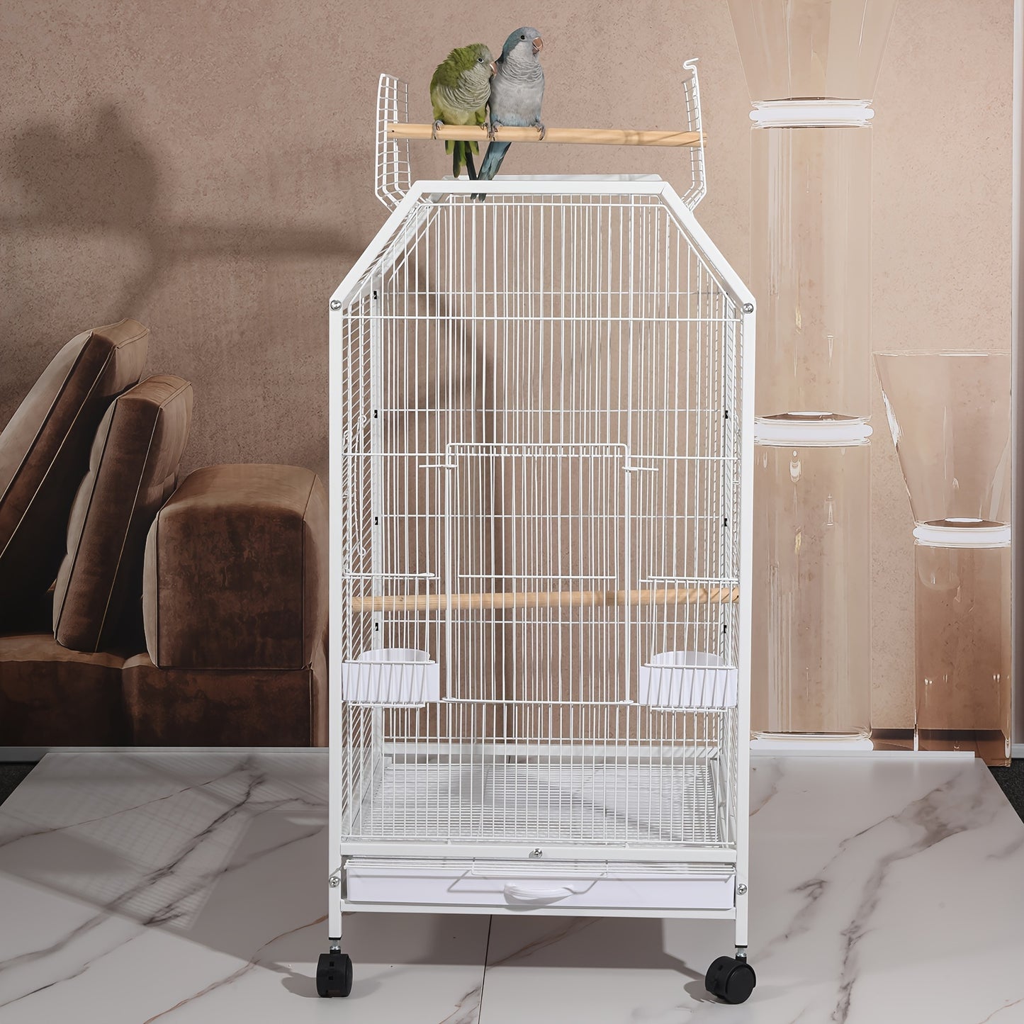 Metal bird cage for small to medium parrots, ideal for home and pet use, includes perch, feeder, water cup, and window.