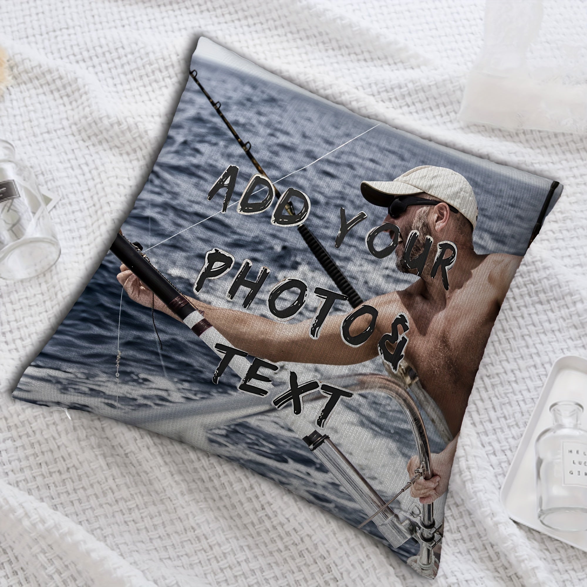 One 18x18 Custom Photo Pillowcase for Fishing Enthusiasts, Featuring a Personalized Fisherman Image. Single-Sided Print on Short Plush Material, Insert Not Included. Perfect Unique Gift for Christmas, Valentine's Day, Thanksgiving, Anniversary. Includes