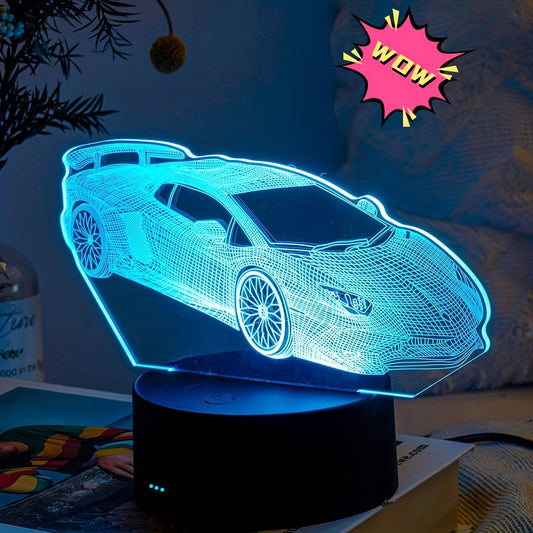 1pc 3D night light with sports car design, USB gift atmosphere light with 16 colors and remote control. Perfect for friends or lovers.