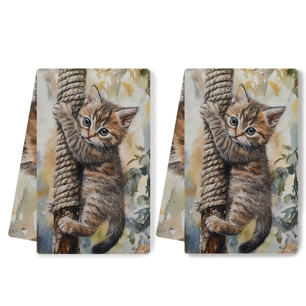 Set of 2 Ultra Soft Kitchen Towels featuring a Cute Kitten Climbing Rope Design, Extremely Absorbent and Easy to Clean Dish Hand Towels, Modern Coastal Style, 40.64x60.96 cm - Ideal for Home Decor and Kitchen Use