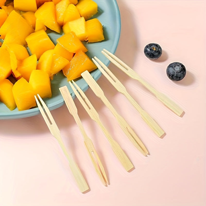 Disposable Mini Food Choices: 100 pieces of Double Fork Fruit Cocktail Forks for Secondary Tableware at Party Supplies for Appetizers, Cocktails, Fruits, Pastries, and Snacks. Total of 500 pieces available.