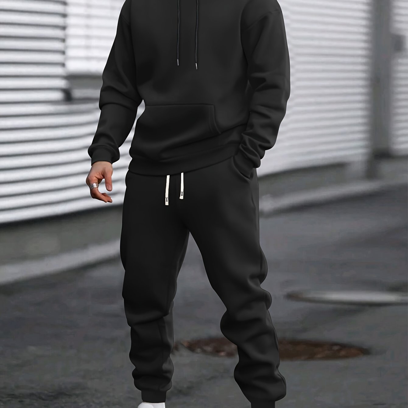 Men's Casual Sportswear Set - Solid Color Hoodie & Joggers, Polyester Blend, Machine Washable - Ideal for Spring/Fall