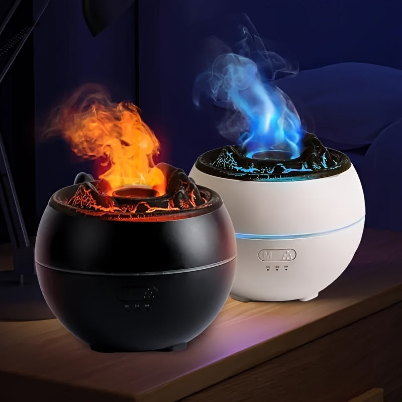 Portable 360ml flame night light humidifier with volcanic air and aroma diffuser for rooms and offices.