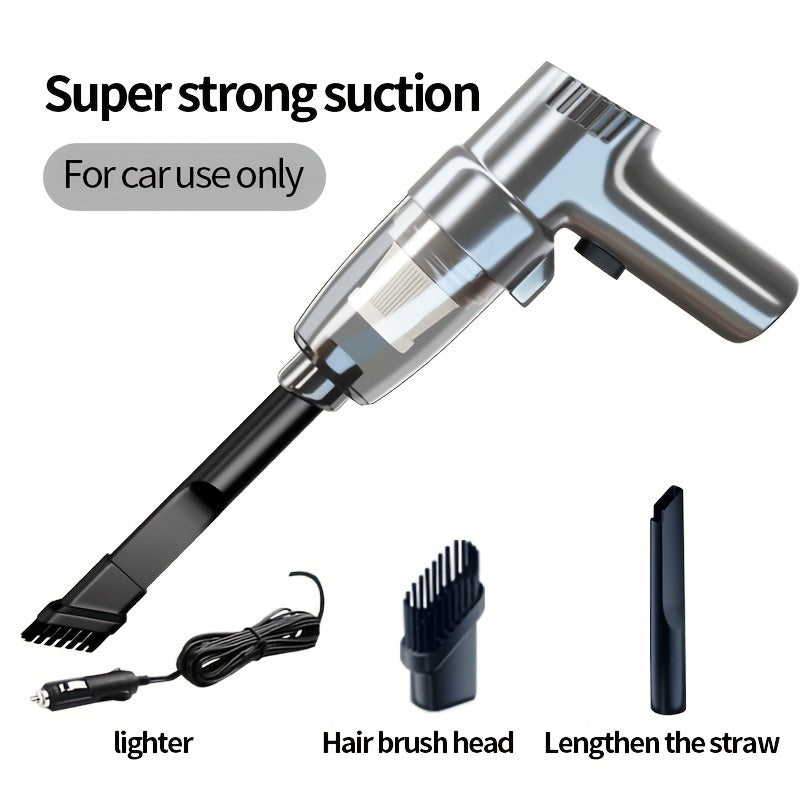 Battery-free portable handheld car vacuum with high suction power for both wet and dry cleaning in small sedans.