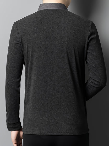 Men's two-piece color-blocked casual shirt with long sleeves and a collared neckline.