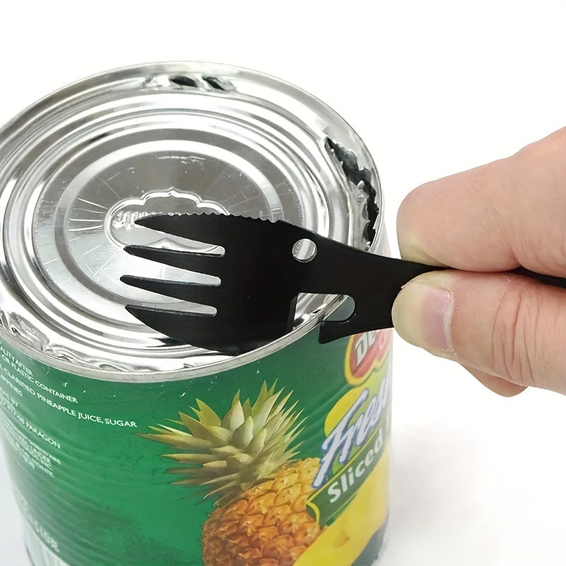 Portable stainless steel utensil with 10 functions for outdoor activities.