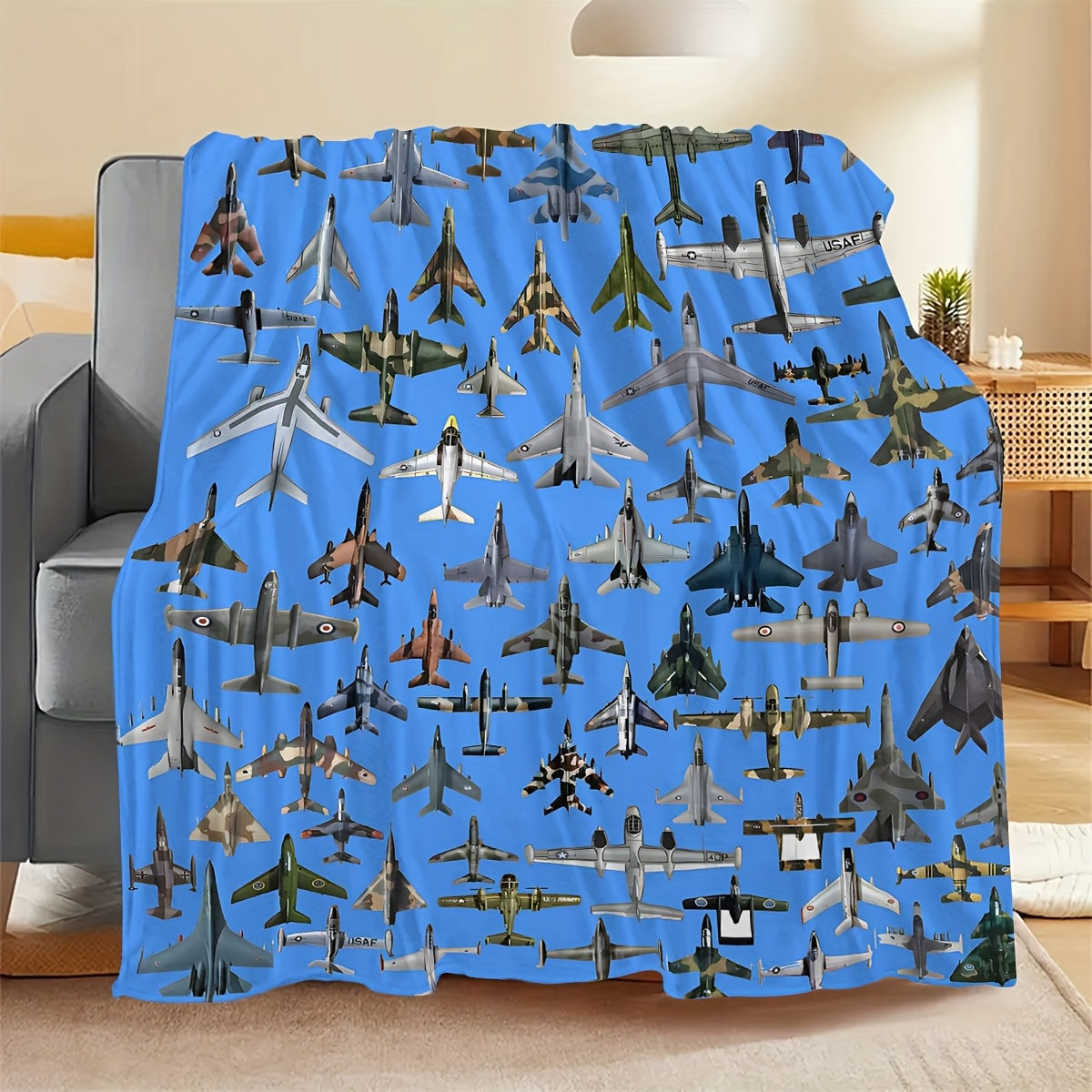 Flannel fleece throw blanket featuring a contemporary military jet aircraft pattern - Perfect for aviation enthusiasts! Hypoallergenic, stain resistant, and suitable for all seasons. Made of soft knit polyester fabric with a high-quality digital print.