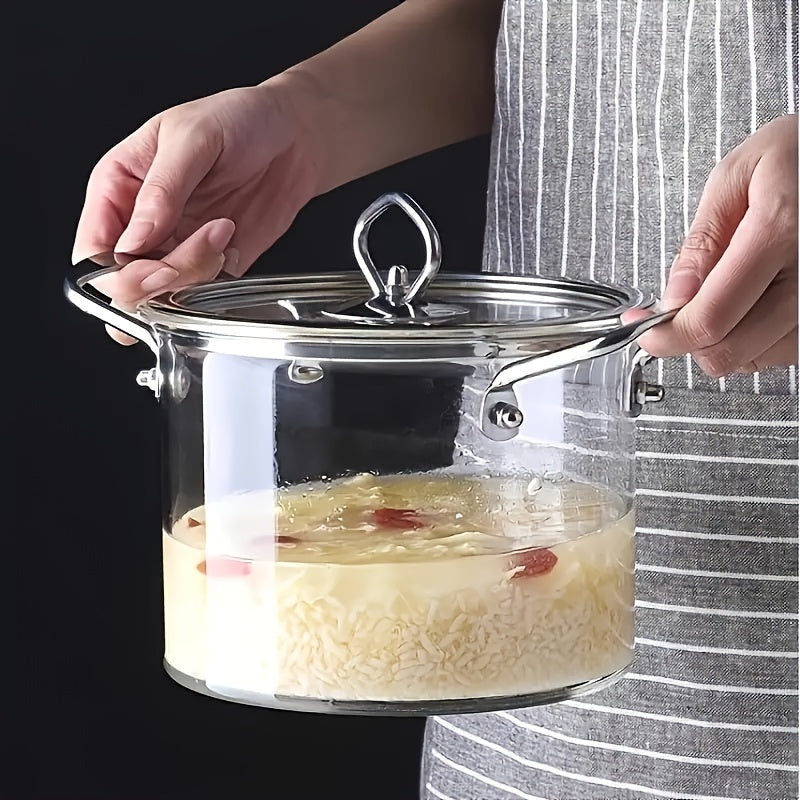 One piece of large-capacity high-boron-silicon glass soup pot with double ears and lid, featuring a stainless steel handle. Suitable for use on household electric ceramic stoves for heating and cooking various dishes such as noodles and stews.