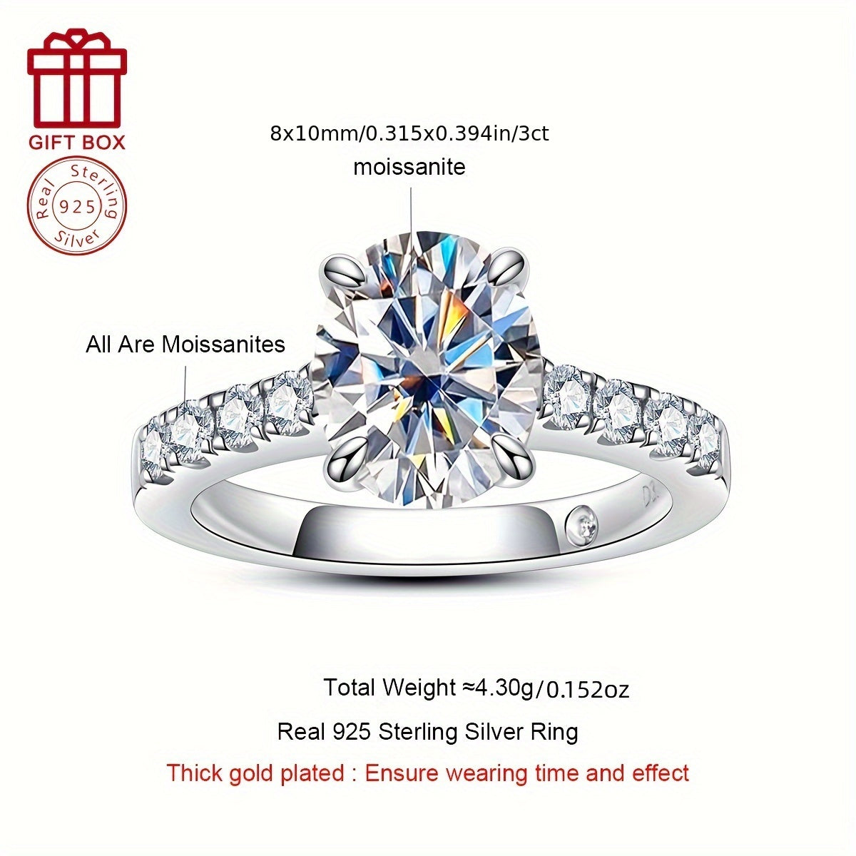 Elegant 3CT Oval Moissanite Anniversary Ring for Her, 925 Sterling Silver with 14K Gold Plating. Features 4-Prong Setting, 0.03CTx9 Side Stones. Perfect for Daily Wear, Engagement, or as a Mother's Day Gift. Represents Eternal Promise and Simple