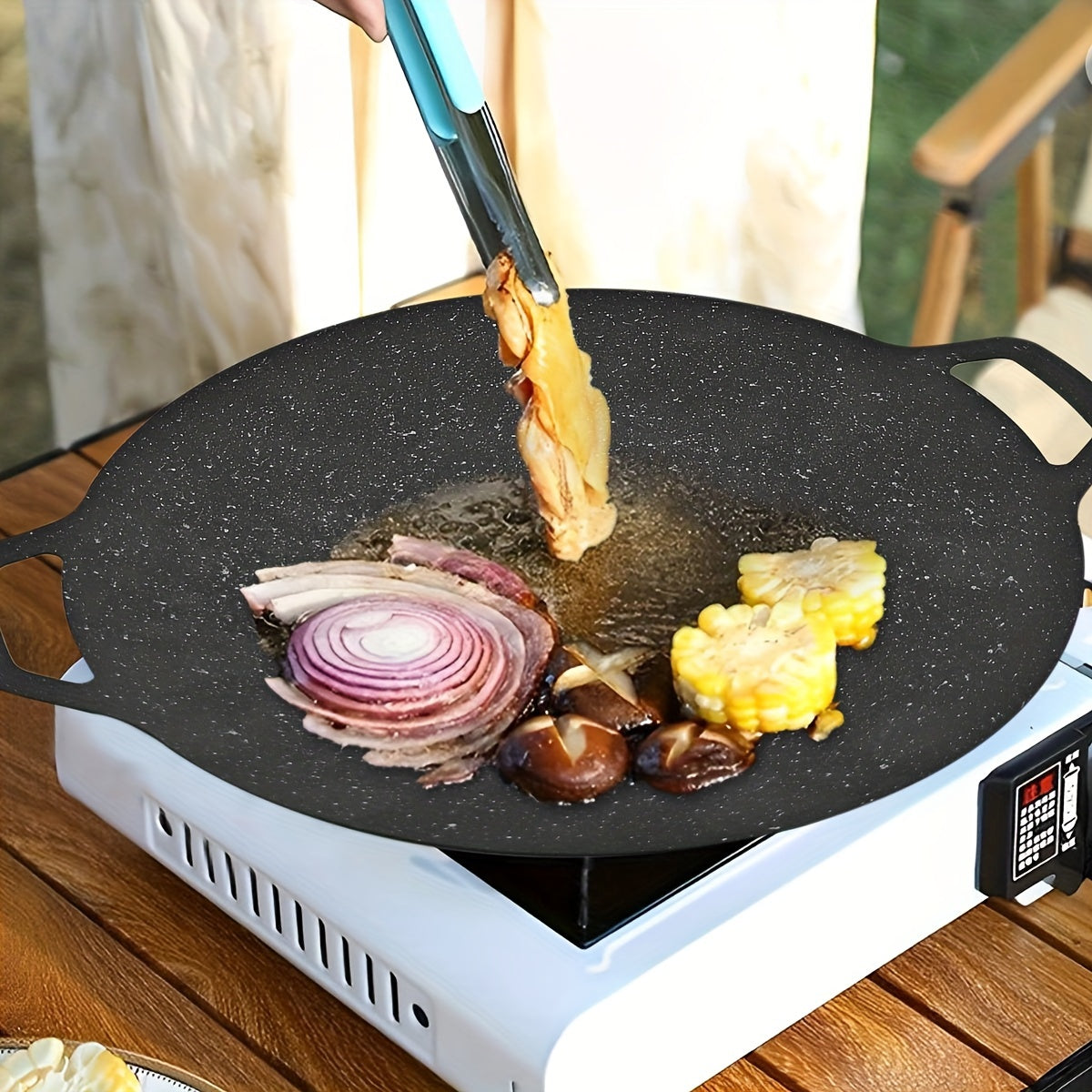 29.97cm Non-Stick Cast Iron BBQ Pan with Two Handles - Ideal for Camping and Home Cooking, Effortless Cleaning