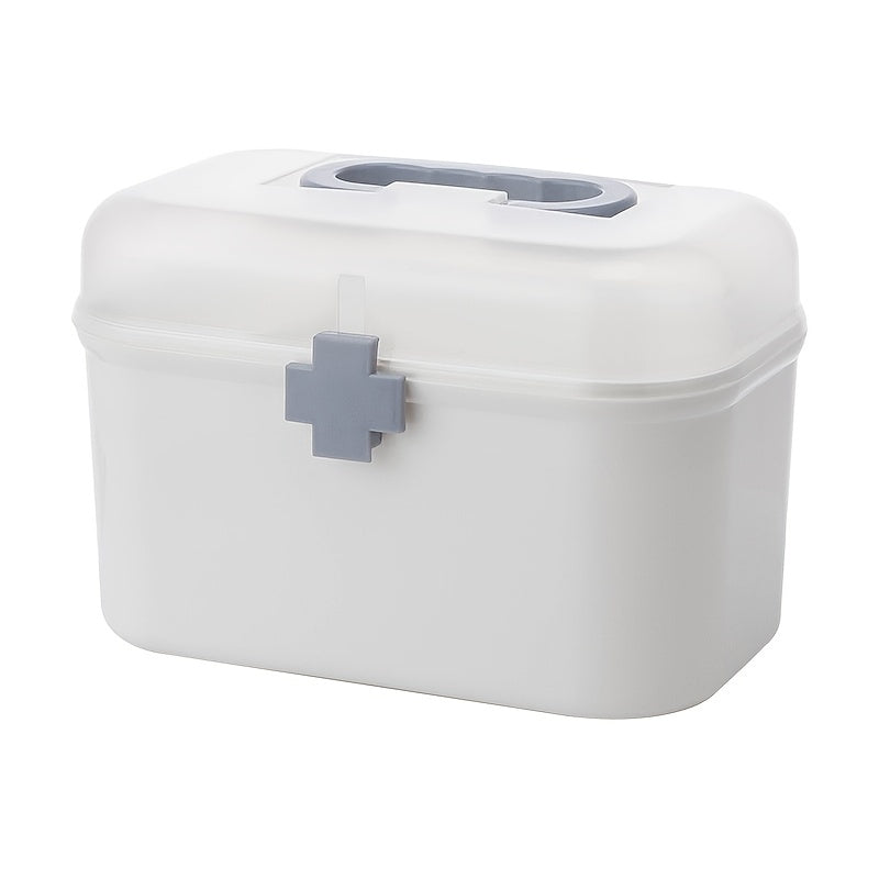 Household dustproof medicine box with large capacity for emergency care. This portable multi-layer plastic box provides storage bins for home organization.