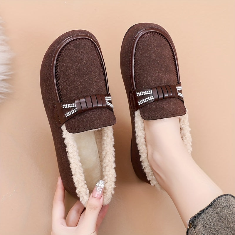 Women's Plush-Lined Loafers with Non-Slip Sole- Black, Warm and Cozy for Winter