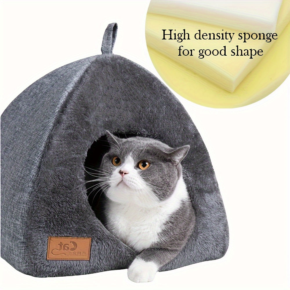 Foldable cozy cat cave bed with plush cushion pad.