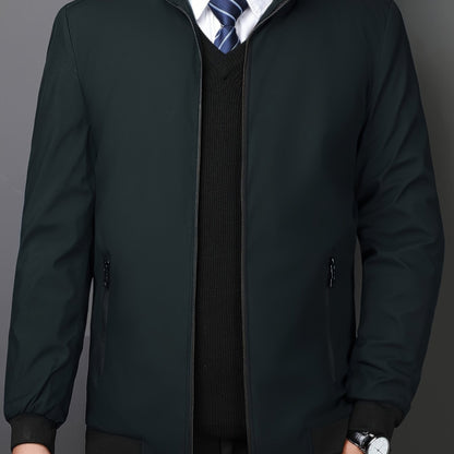 Casual men's stand collar varsity jacket with zipper pockets.