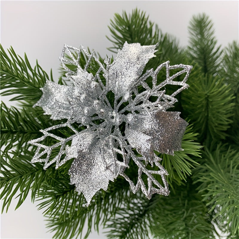 10 artificial Christmas flowers, 9cm/3.54in, glitter tree ornaments made of polyester and plastic. Suitable for home, kitchen, parties, and First Communion. No power required, festive holiday decoration.