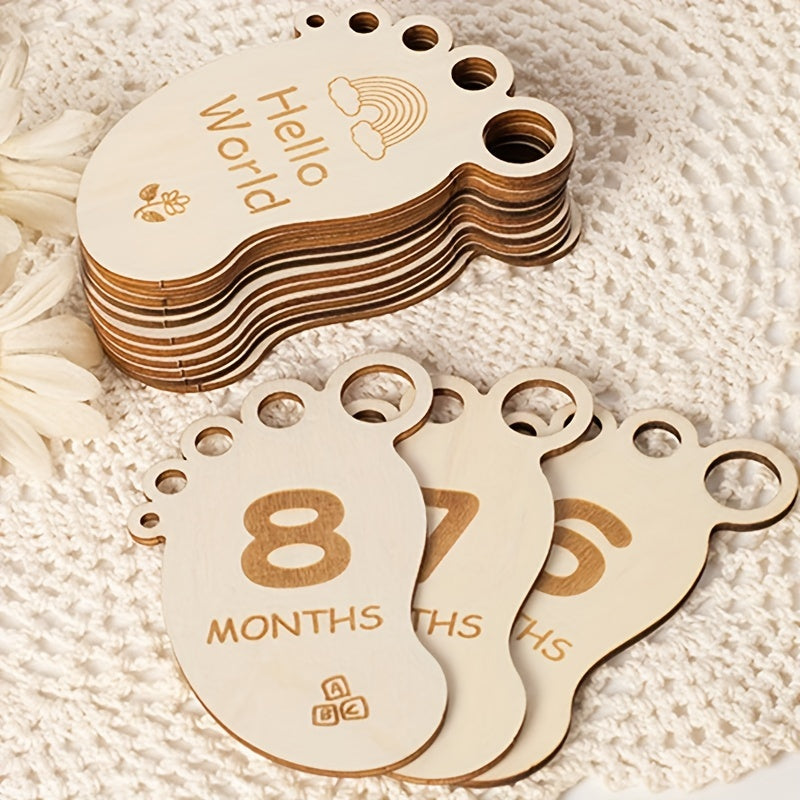 Set of 14 Wooden Footprint Milestone Cards for Monthly Photography Props, Full Moon Sign, Birth Board, and First Year Growth. Also includes Pregnancy Journey Milestone Cards, perfect for Youngsters's Gift Parties and holiday celebrations such as