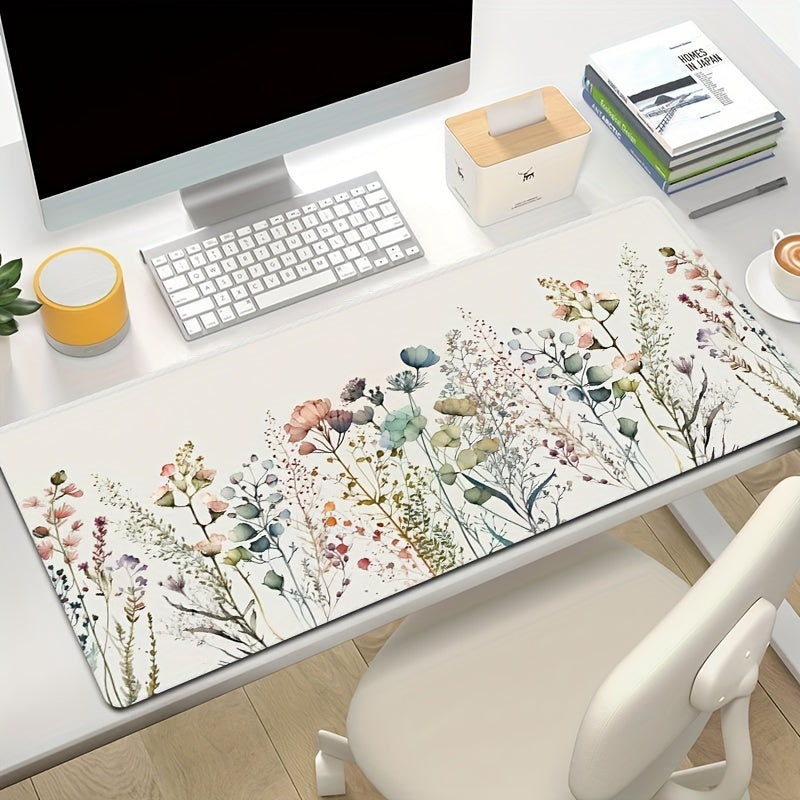 White Floral Rubber Desk Mat: Non-slip, washable, thick & durable. Ideal for office and home workspace. Suitable for laptop, keyboard, and mouse. Artistic design. Washable desk pad.