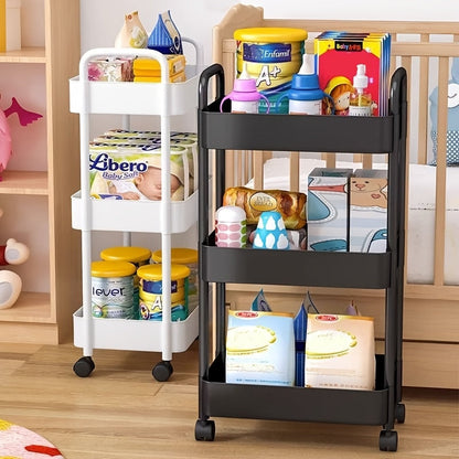 The white storage rack with wheels is a versatile 5-tier solution for organizing items in the kitchen, bathroom, or living room. It is ideal for storing snacks and coffee pods.