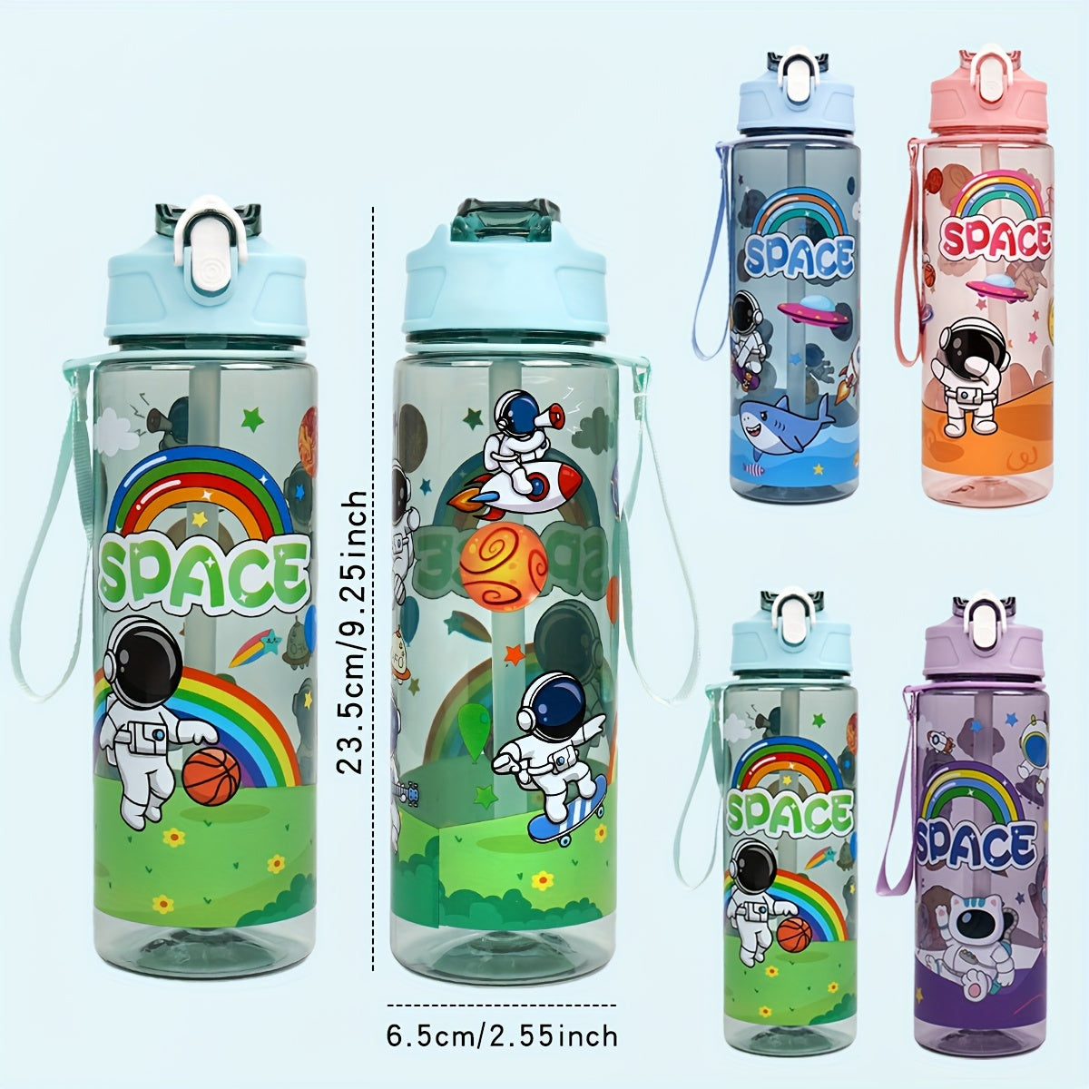 Durable 21oz astronaut water bottle with straw, BPA-free plastic. Ideal for outdoor activities and school with space-themed design.