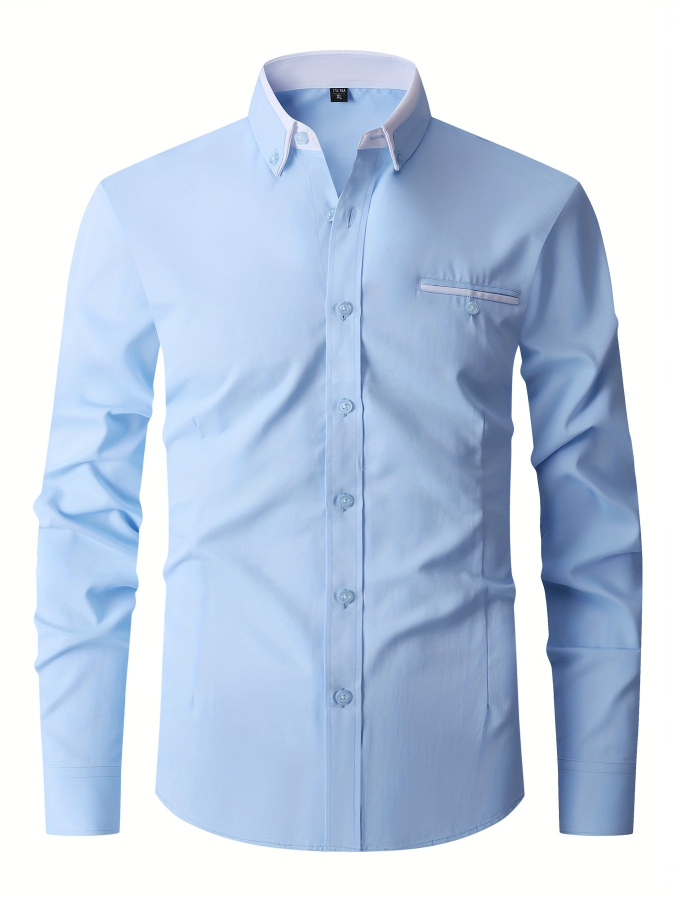 Long sleeve men's dress shirts with contrast lapel collar design, suitable for formal occasions.