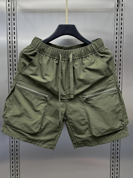 Japanese retro cargo shorts for men, loose fit, mid waist, with multiple pockets. Made of 100% polyamide, non-stretch, lightweight at 160g/m², ideal for hiking and outdoor activities.