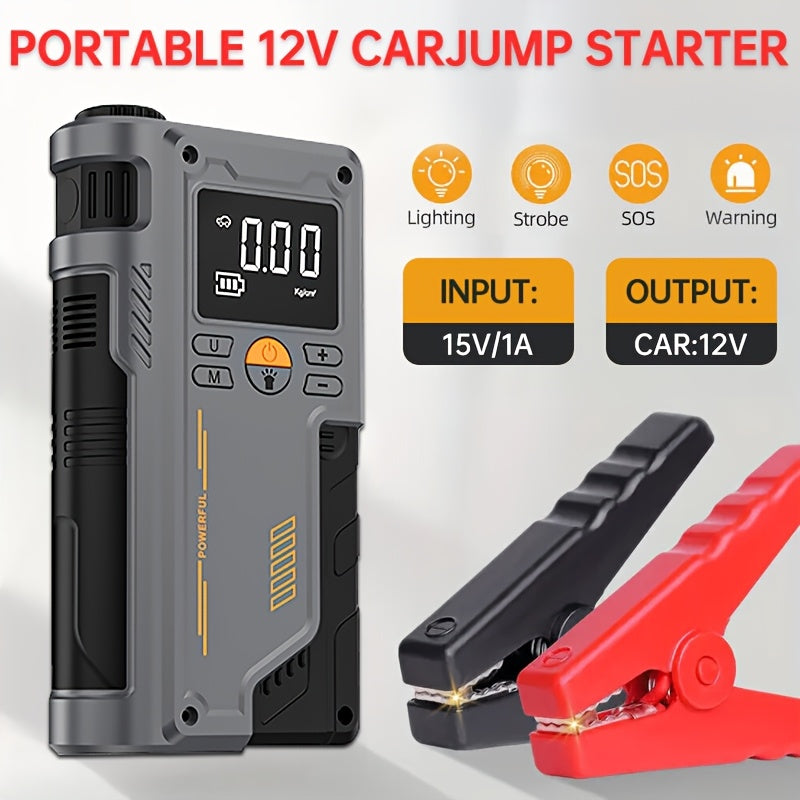 Introducing a versatile portable emergency starter with tire inflator, USB charging, and LED light, perfect for cars, motorcycles, bicycles, and more.