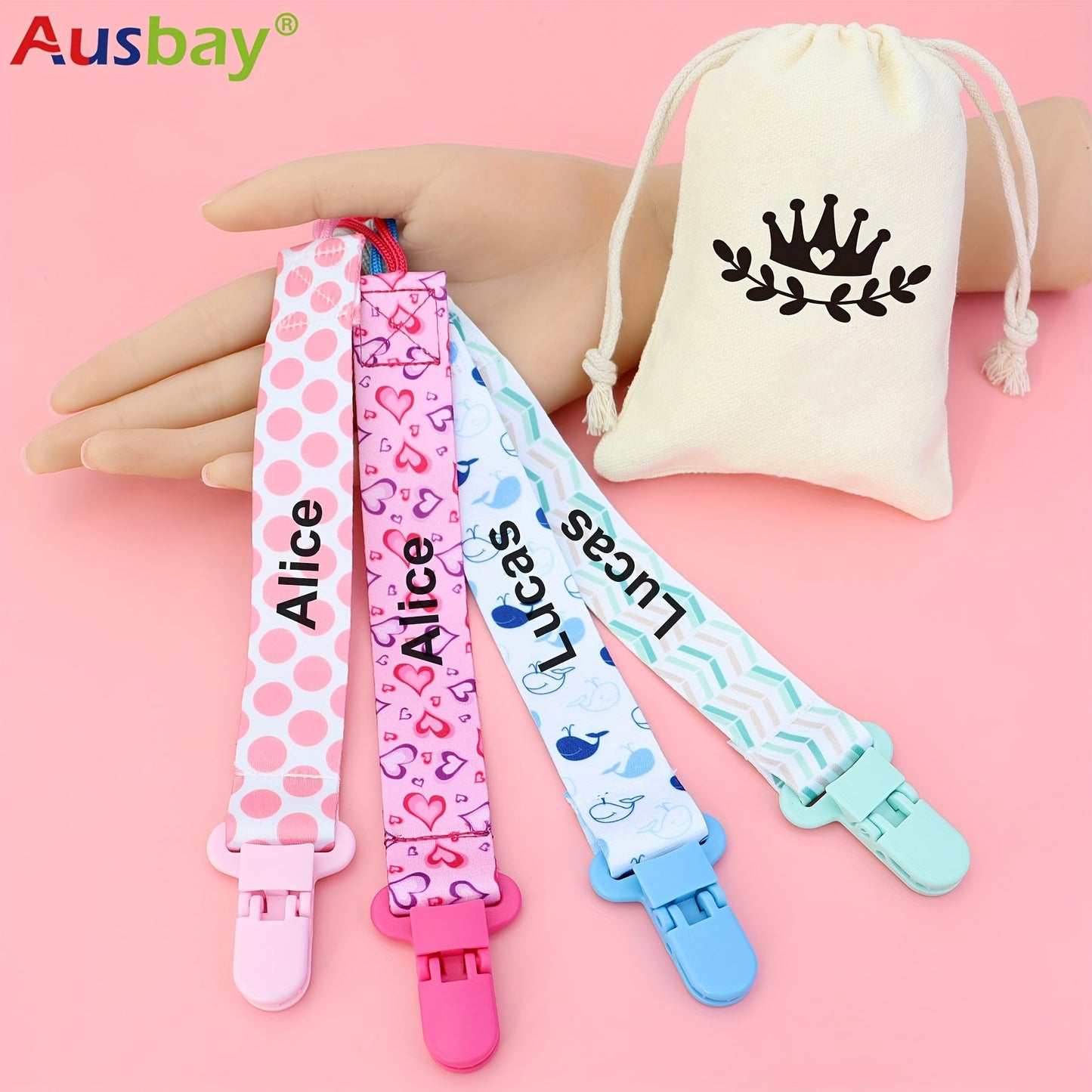 Set of 3 Personalized Soothing Item Clips with Custom Names, Chain Clips and Gift Bags for Youngsters, Handmade Shower Gift Set for Youngsters