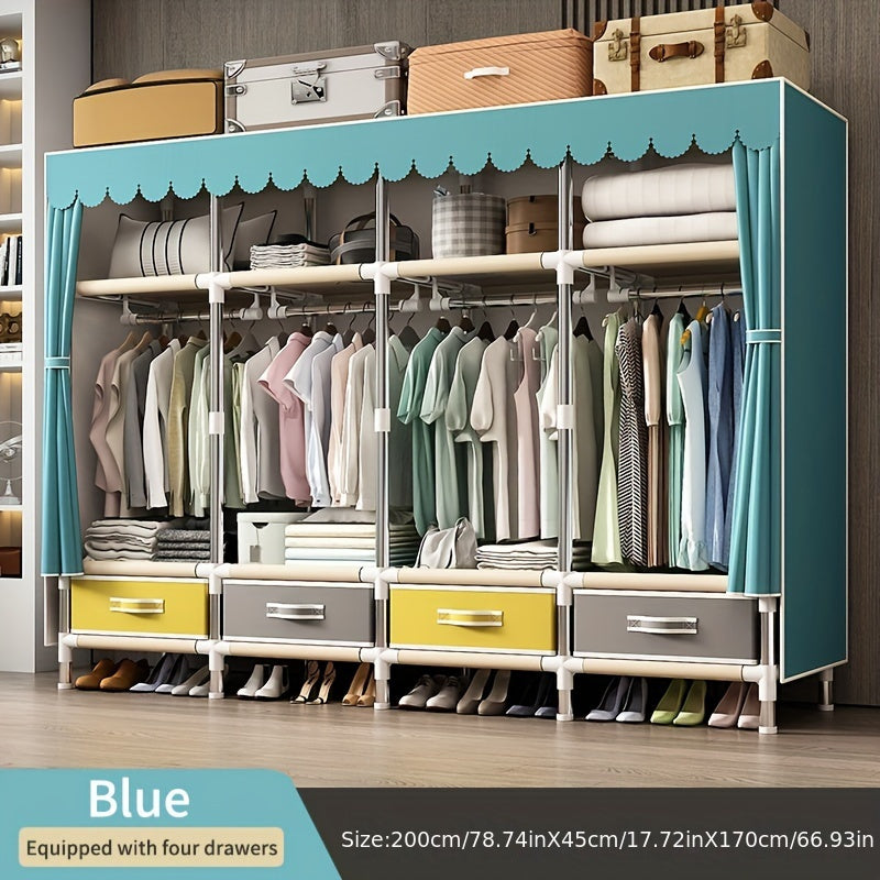 Sturdy Steel Pipe Wardrobe with 4 Drawers and 4 Hanging Clothes Poles for Convenient Clothing Storage. Solid Color Cloth Closet with Sleek Steel Frame and Simple Assembly of Drawers and Wardrobe. Easily Portable Closet Option.