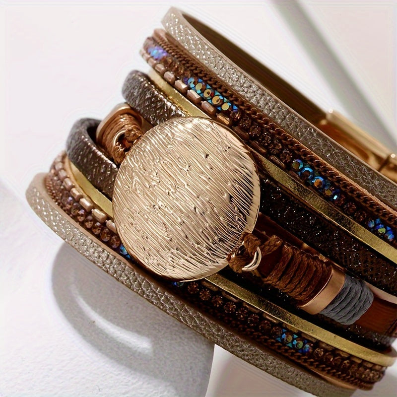 In daily life and on holidays, accessorize with a vintage Bohemian style multi-layered PU leather bracelet featuring a magnetic buckle.